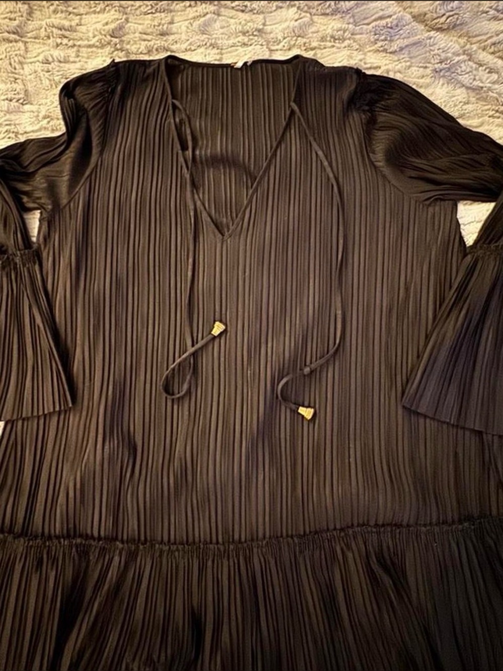 Free Peoole Pleated V-Neck Long Sleeve Dress in Black